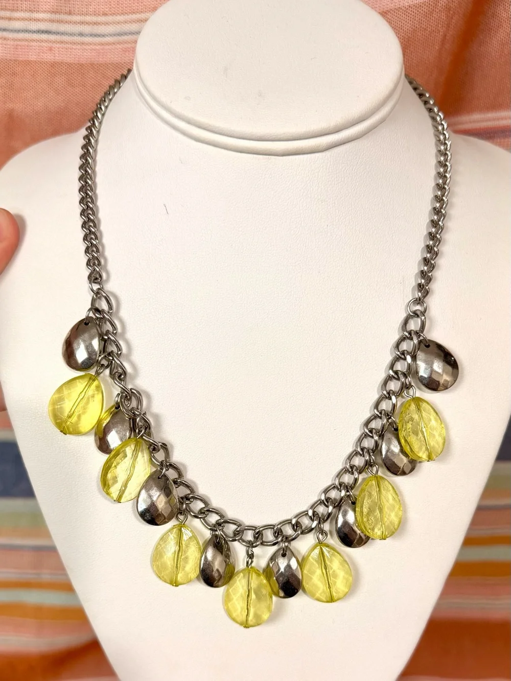 Avon Silver-Tone Chain Necklace with Yellow Glass Drops + Earring Set